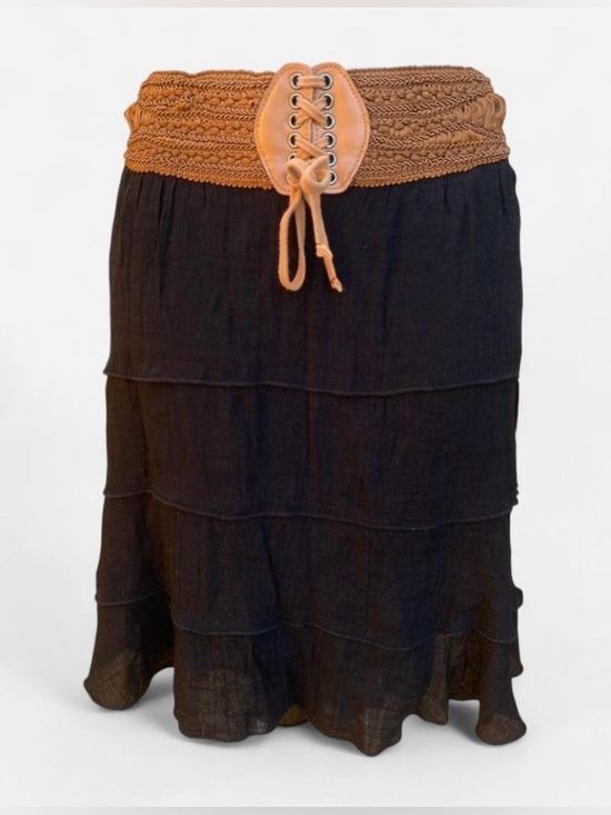 by & by Dresses & Skirts - Black Midi Skirt with Brown Waist Band & Faux Leather Lace Up Detail